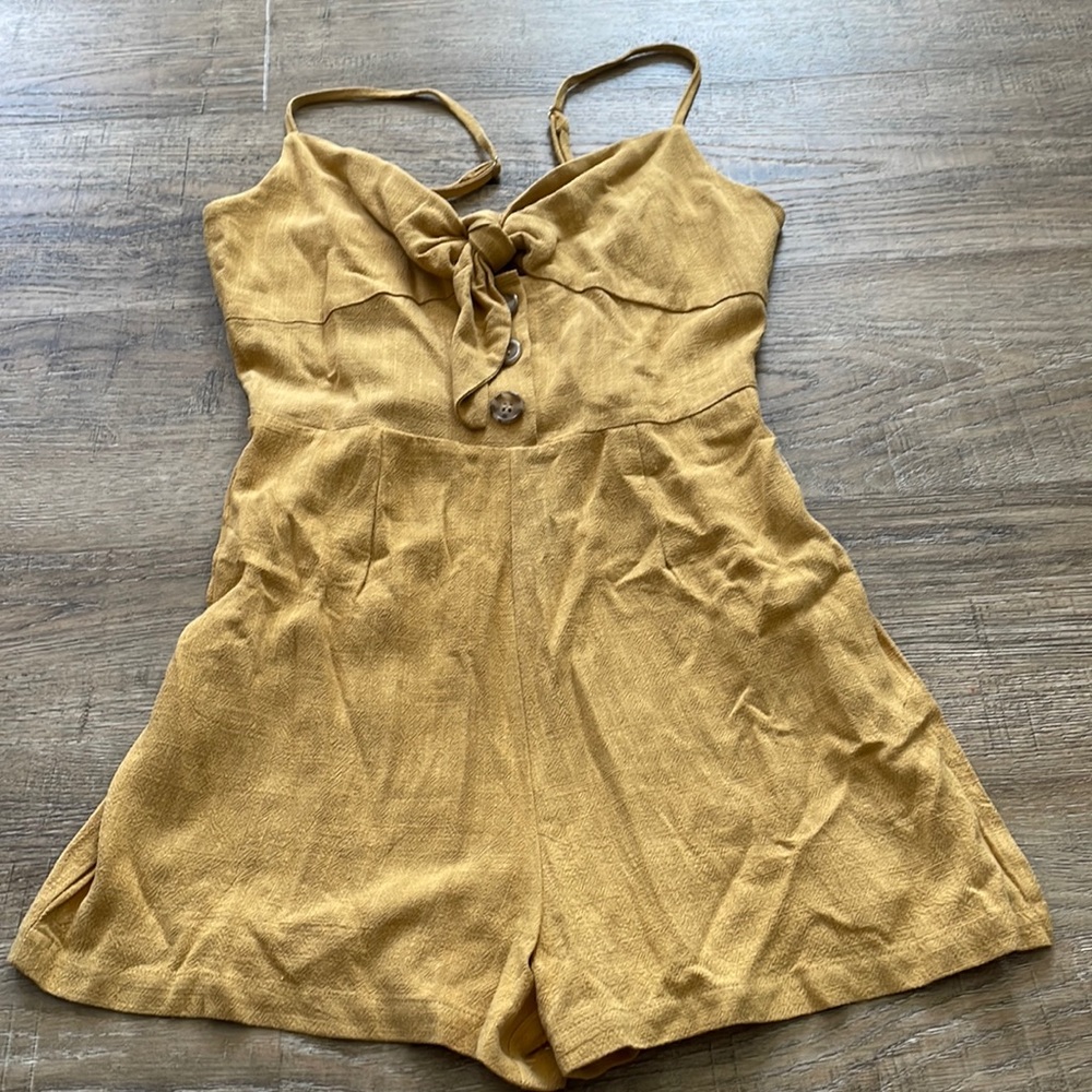 Mustard Tie-Front Linen-Blend Romper